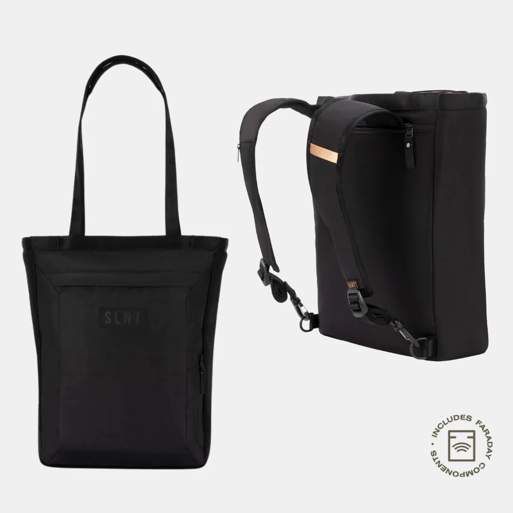 The SLNT E3 Faraday Tote Bag (17L) by SLNT is shown as a versatile black tote with long handles and minimalist design. A badge highlights its built-in Faraday components for added security.
