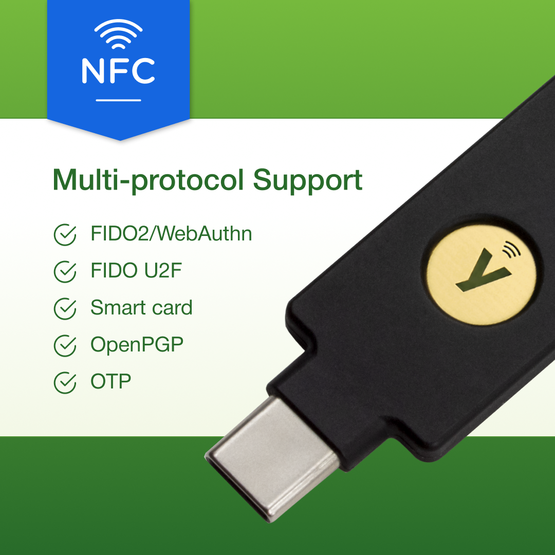 A Yubico YubiKey 5C (NFC) FIPS is shown with a gold button. Text highlights multi-protocol hardware authentication, including FIDO2/WebAuthn and FIPS 140-2 validation. The background features green and white colors.