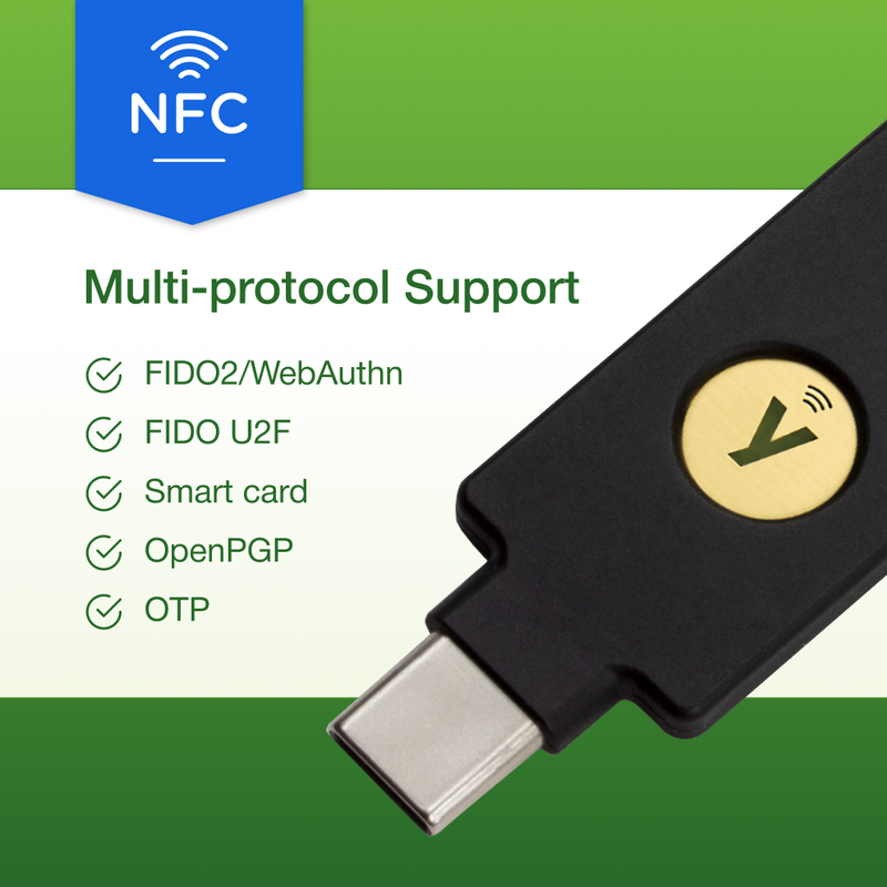 A Yubico YubiKey 5C (NFC) FIPS is shown with a gold button. Text highlights multi-protocol hardware authentication, including FIDO2/WebAuthn and FIPS 140-2 validation. The background features green and white colors.