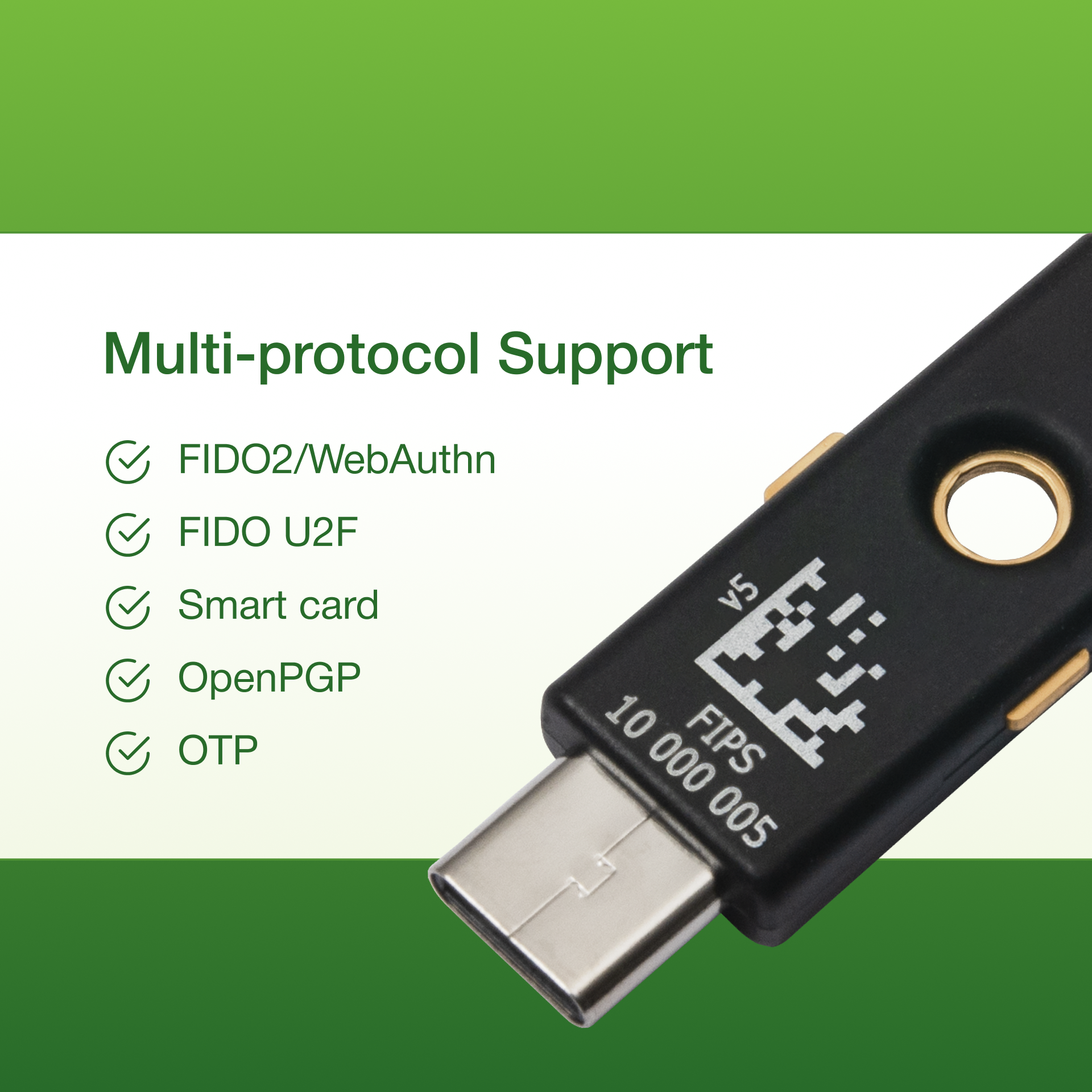 A Yubico YubiKey 5Ci FIPS hardware authentication device with a USB-C connector is pictured beside its supported protocols: FIDO2/WebAuthn, FIDO U2F, Smart card, OpenPGP, and OTP. The background is green and white.