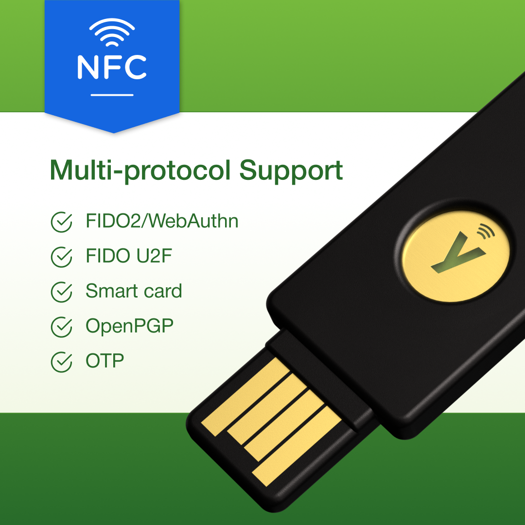 A black Yubico YubiKey 5 (NFC) FIPS with a gold button and NFC symbol is shown. Supported protocols: FIDO2/WebAuthn, FIDO U2F, Smart card, OpenPGP, OTP. A blue NFC icon at the top indicates secure hardware authentication.