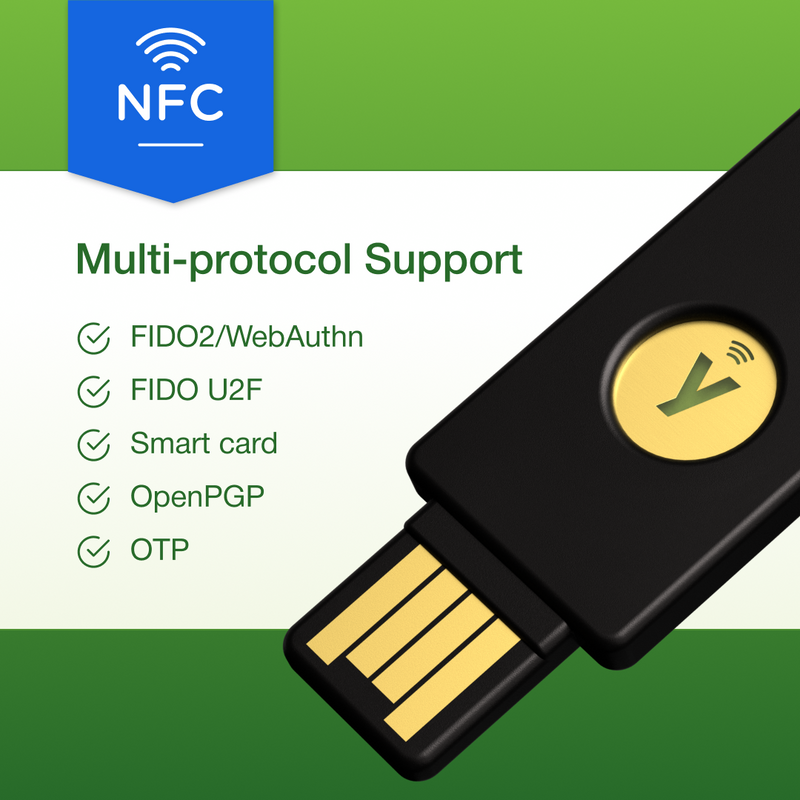 A black Yubico YubiKey 5 (NFC) FIPS with a gold button and NFC symbol is shown. Supported protocols: FIDO2/WebAuthn, FIDO U2F, Smart card, OpenPGP, OTP. A blue NFC icon at the top indicates secure hardware authentication.