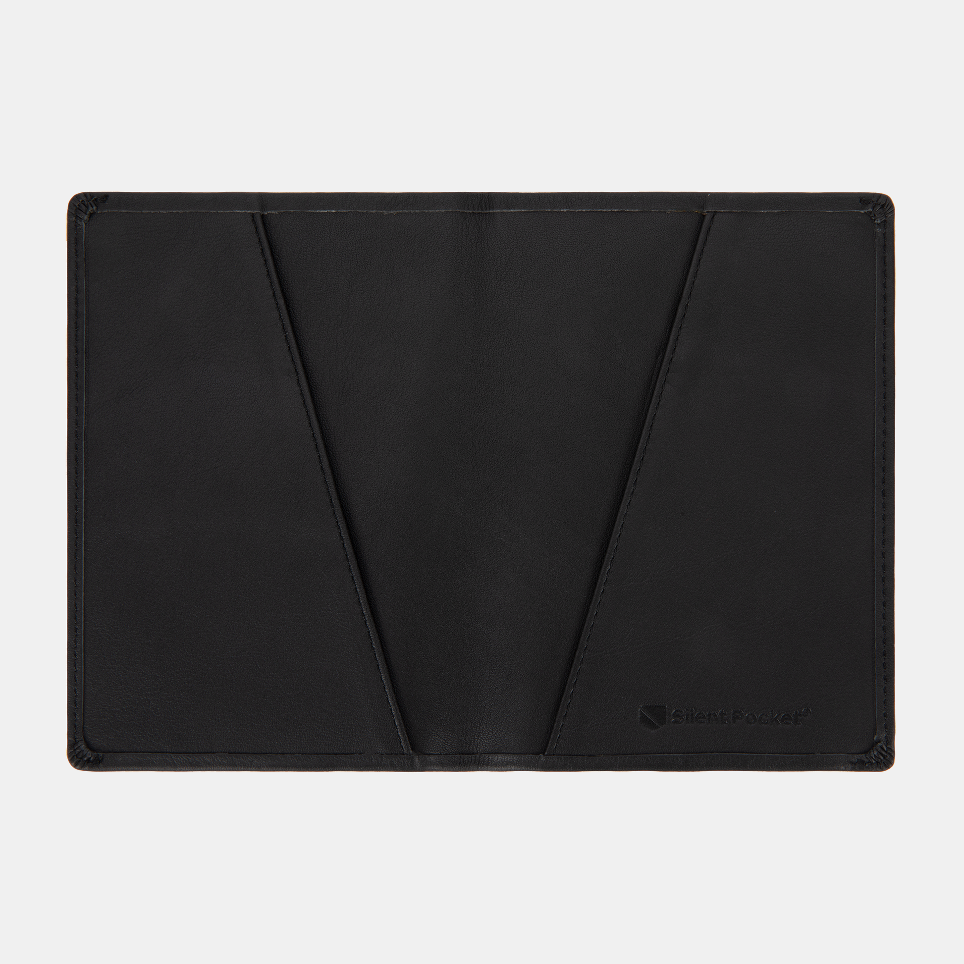The SLNT RFID Passport Wallet is a black, rectangular leather sleeve with subtle stitching and angled pockets, shown flat on a light gray background. The SLNT logo is embossed in the bottom right corner.