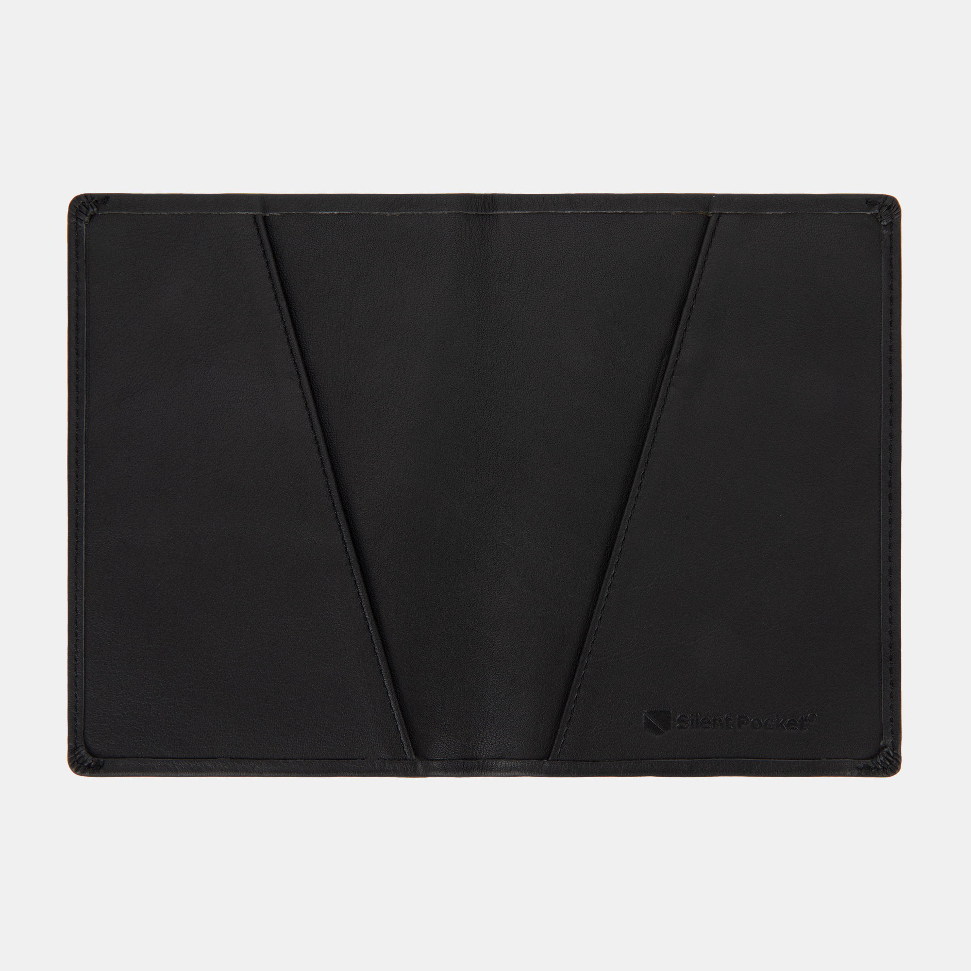 The SLNT RFID Passport Wallet is a black, rectangular leather sleeve with subtle stitching and angled pockets, shown flat on a light gray background. The SLNT logo is embossed in the bottom right corner.