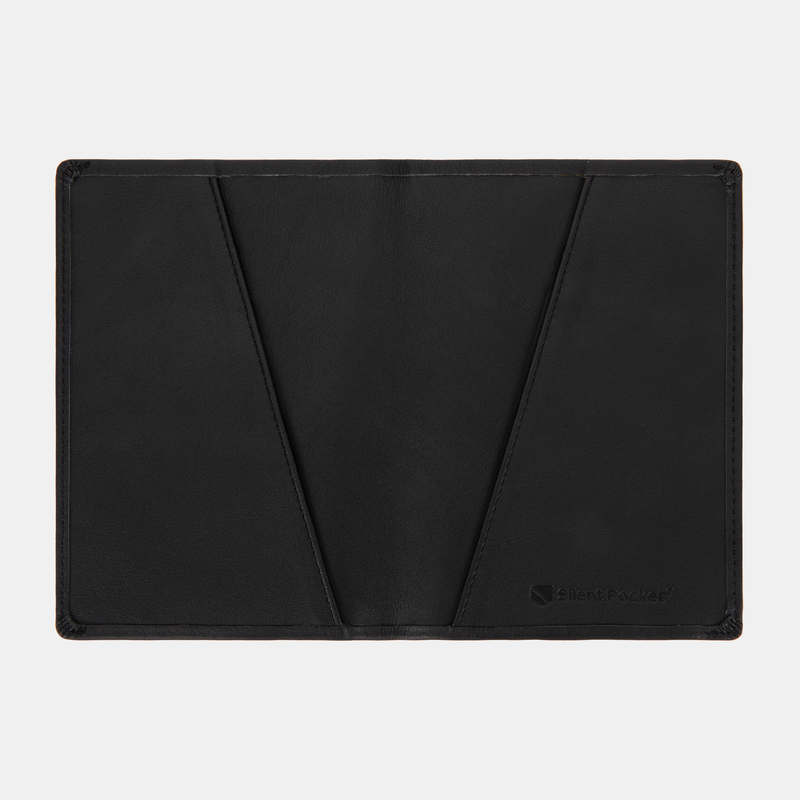 The SLNT RFID Passport Wallet is a black, rectangular leather sleeve with subtle stitching and angled pockets, shown flat on a light gray background. The SLNT logo is embossed in the bottom right corner.