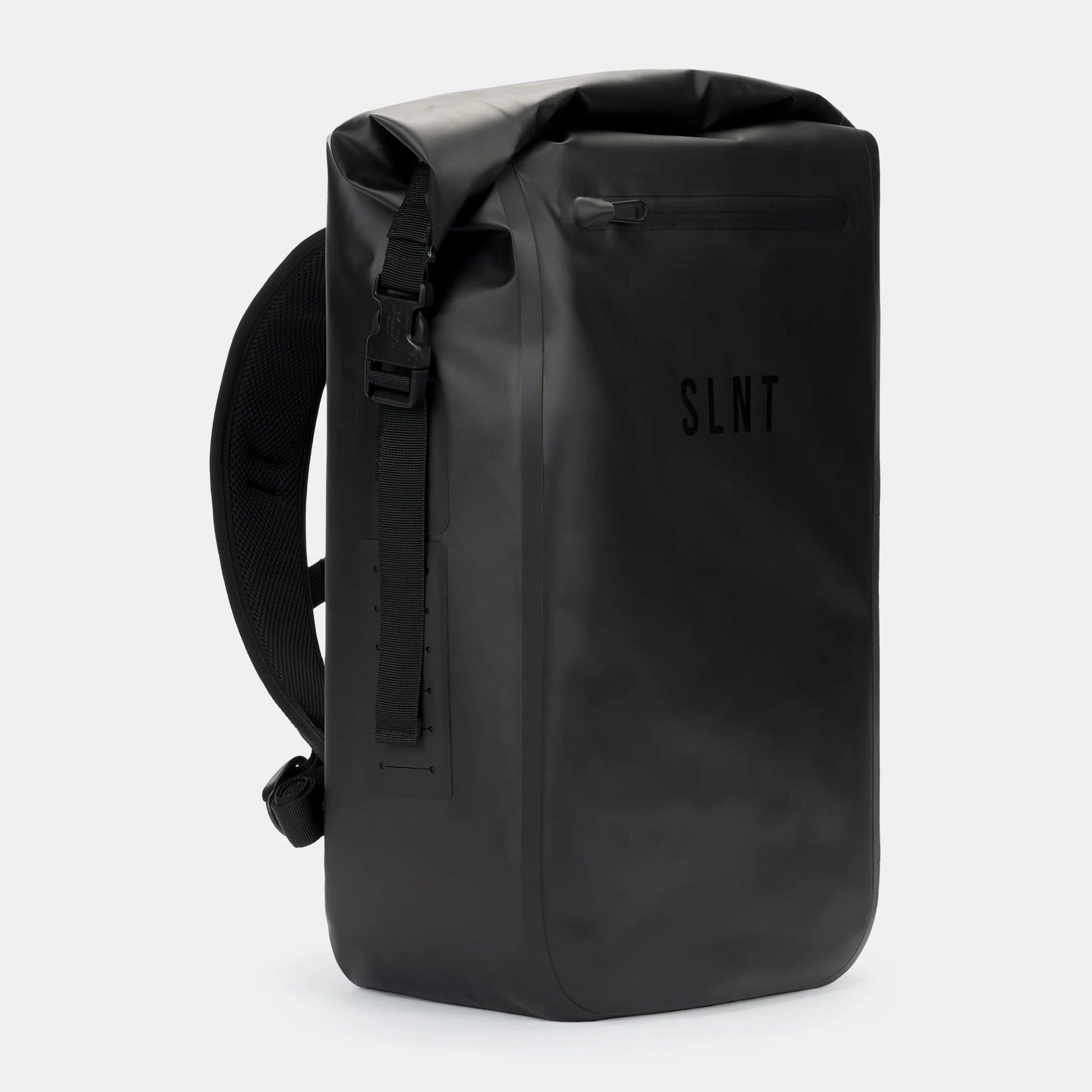 The SLNT Faraday Backpack Dry Bag (20L) is a sleek, black, waterproof backpack featuring a roll-top closure, adjustable padded shoulder straps, and minimalist modern design with the SLNT brand on the front.
