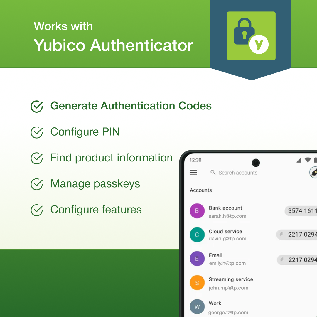 Screenshot displays Yubico Authenticator features: generating authentication codes with YubiKey 5C (NFC) FIPS, setting PIN, viewing product info, managing passkeys and features, plus a partial view of accounts and codes.