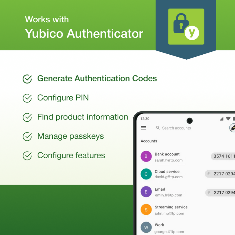 A graphic promoting Yubico’s YubiKey 5C Nano FIPS highlights hardware authentication, code generation, PIN setup, passkey management, product info, feature settings—plus an app screenshot showing account entries.