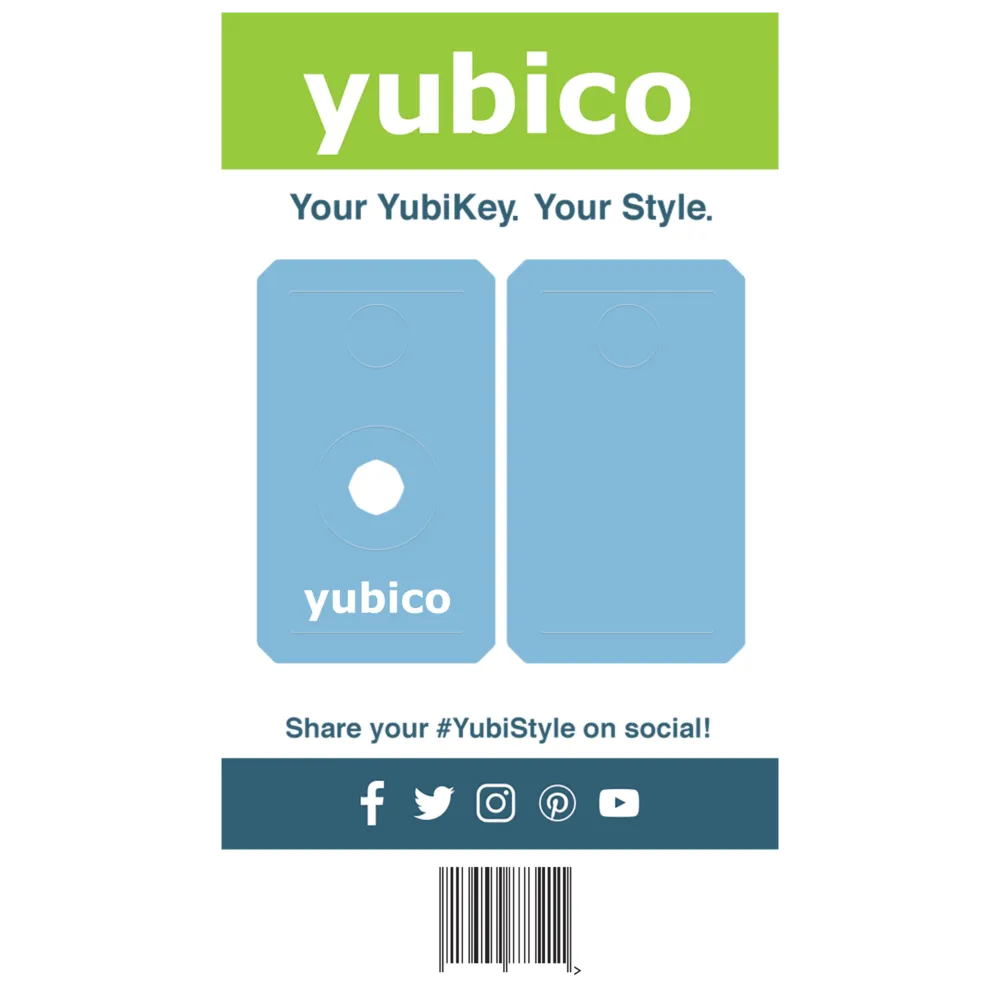 An illustrated card displays two blue Yubico YubiKeys, each with a unique YubiStyle Cover (Blue). “yubico” appears above and below, and social media icons are shown at the bottom.