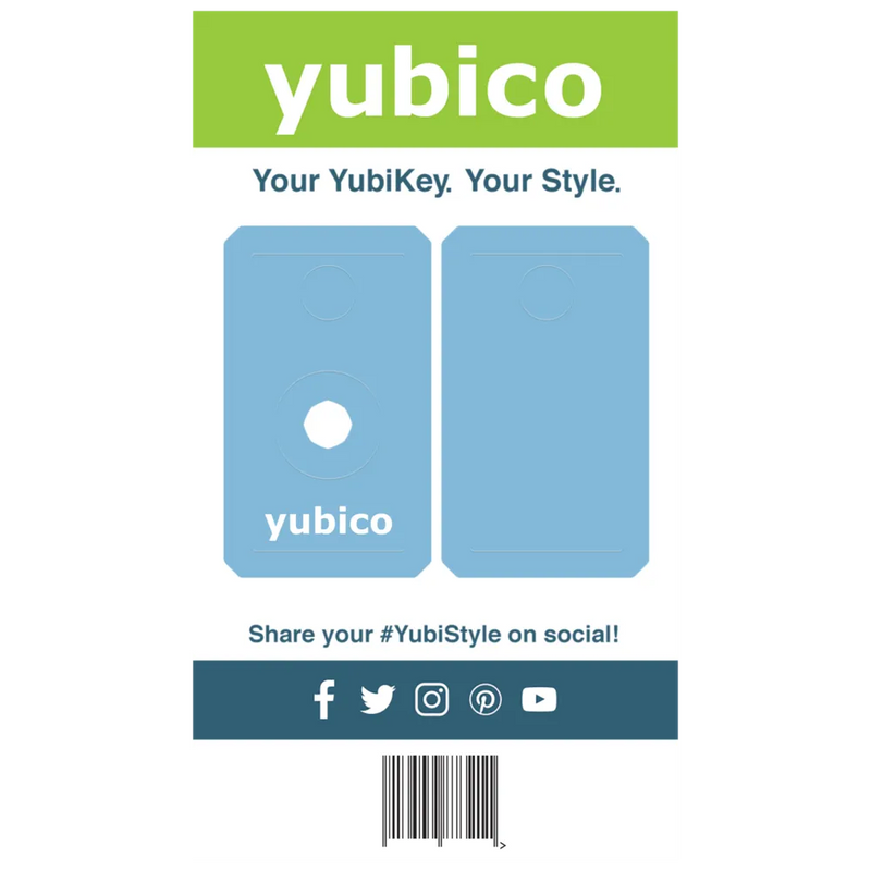 An illustrated card displays two blue Yubico YubiKeys, each with a unique YubiStyle Cover (Blue). “yubico” appears above and below, and social media icons are shown at the bottom.