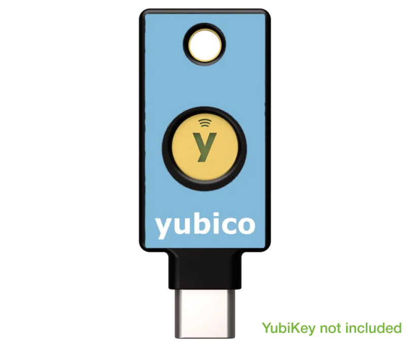 A digital illustration of a blue YubiStyle Cover by Yubico, featuring the distinct gold button and USB-C connector. Text in the corner reads “YubiKey not included.” Perfect to showcase your new cover or decorate your security key.