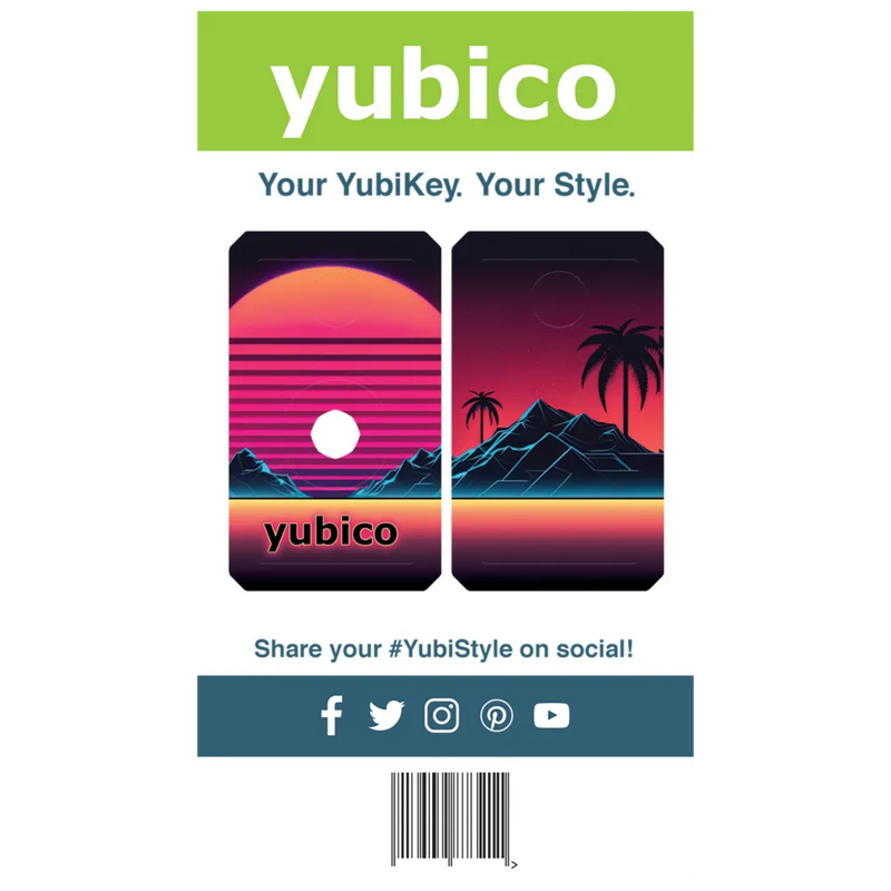 A Yubico ad features the YubiStyle Cover (Cyber Sunrise) with a retro sunset and palm trees, "yubico" above, plus social media icons and the message: Share your #YubiStyle on social!.