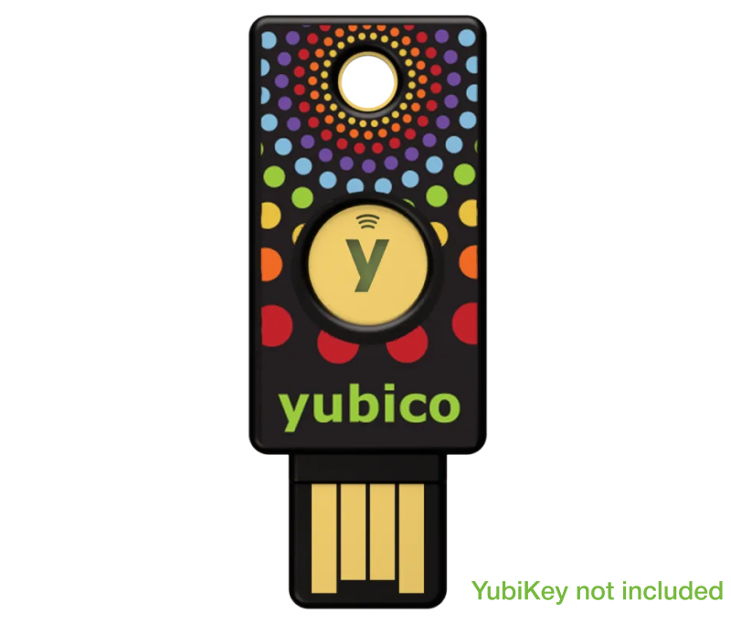 The Yubico YubiStyle Cover (Double Rainbow) features a black base with a colorful dot pattern, yellow button with wireless icon and y, gold USB connector, green Yubico text. "YubiKey not included" is noted. Stylish cover adds flair.