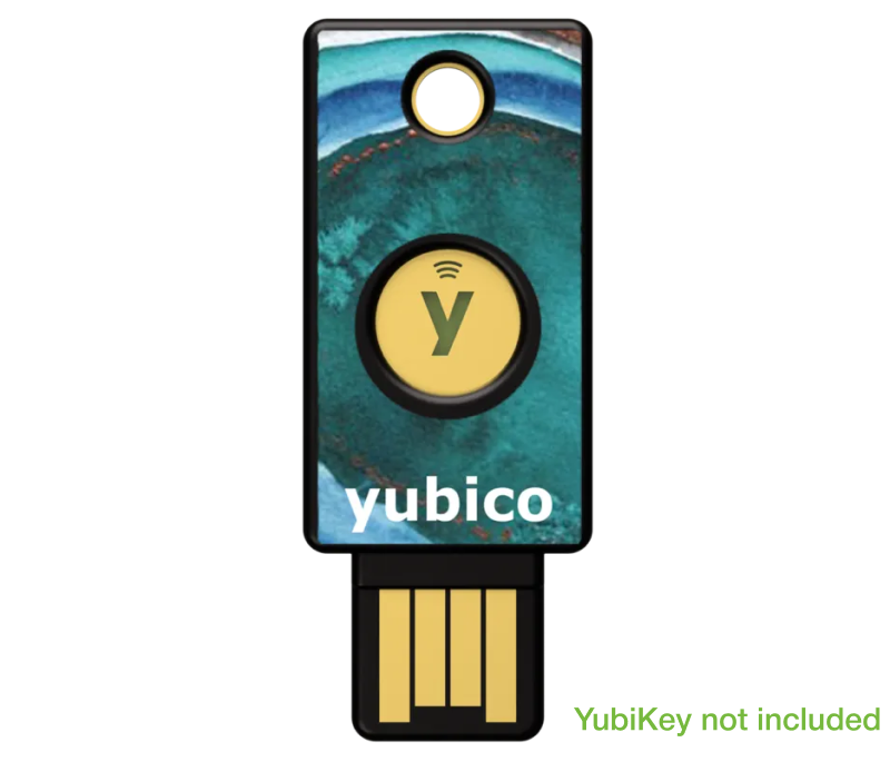 The Yubico YubiStyle Cover (Geode Blue) features a blue and green circular design with a gold contact chip—ideal for customizing your security key. Text at the bottom right: YubiKey not included.