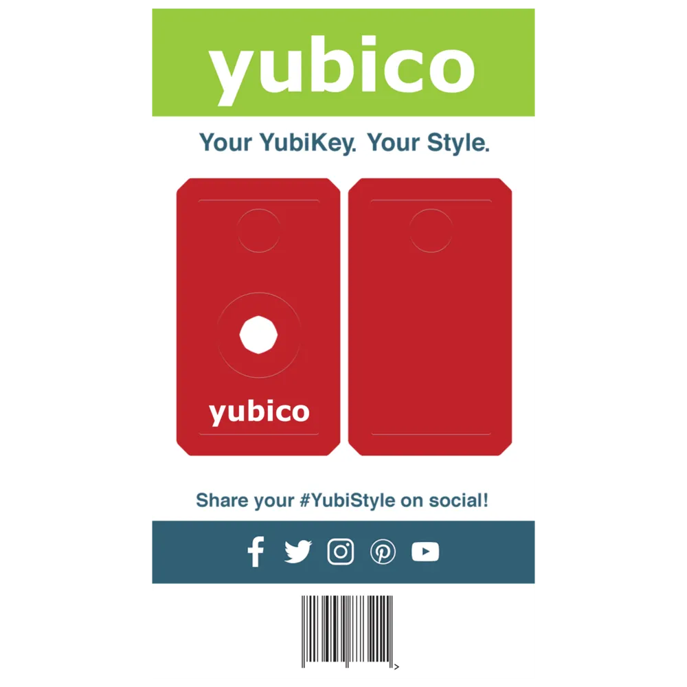 A promotional image for Yubico displays two red YubiStyle Covers with the yubico logo. Above them, text reads "Your YubiKey. Your Style." Social media icons and a barcode at the bottom emphasize personalized YubiKey protection.