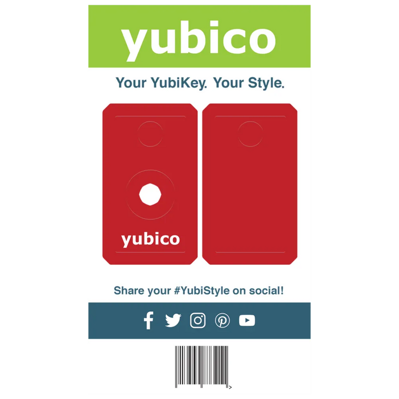 A promotional image for Yubico displays two red YubiStyle Covers with the yubico logo. Above them, text reads "Your YubiKey. Your Style." Social media icons and a barcode at the bottom emphasize personalized YubiKey protection.