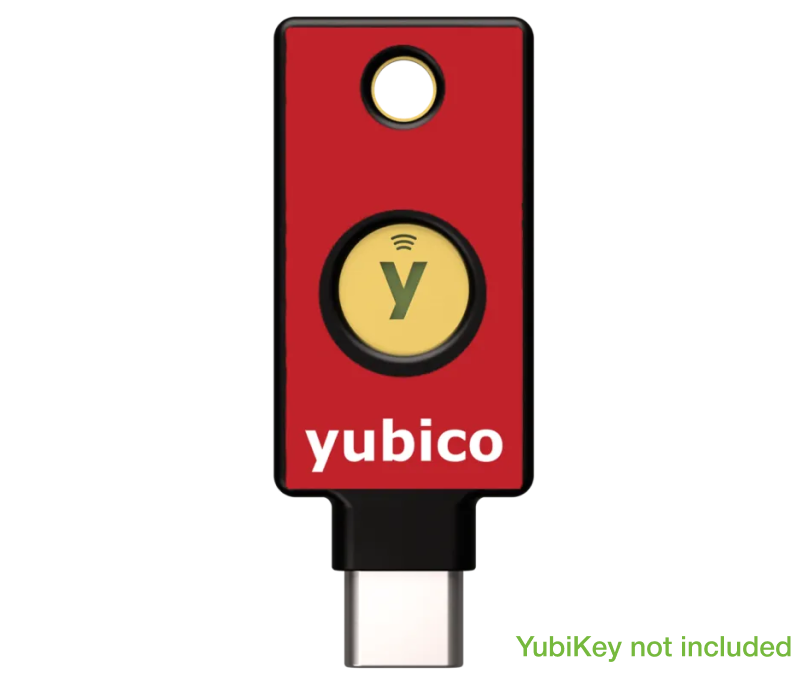 A red YubiStyle Cover (Red) by Yubico is shown on a security key with a yellow button and USB-C connector. "yubico" appears in white text, and green text in the corner states: YubiKey not included.
