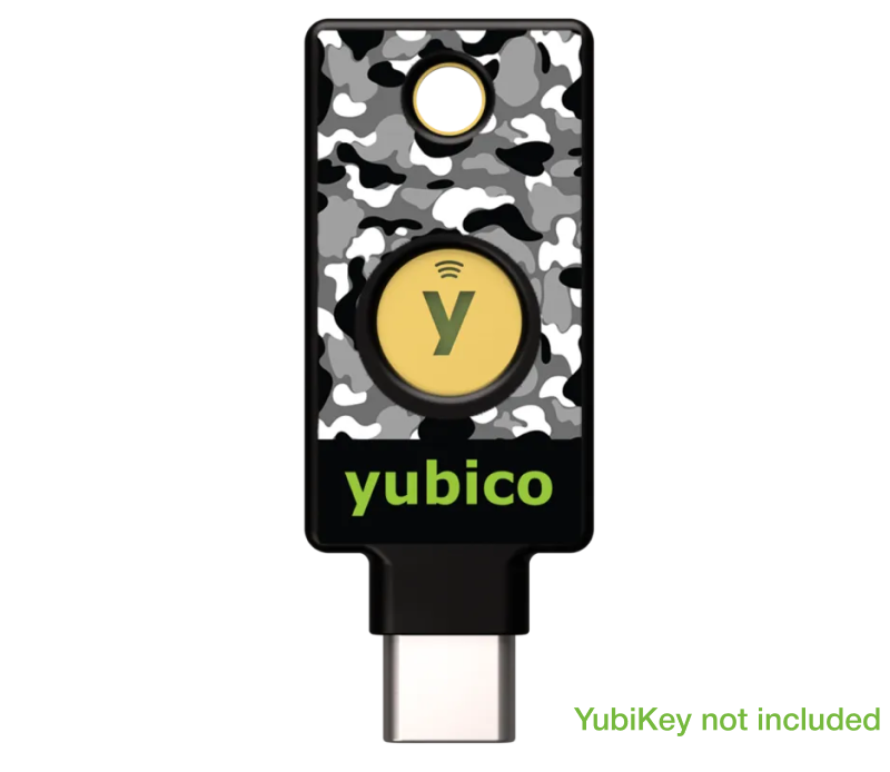 The YubiStyle Cover (Urban Camo) by Yubico features a camo pattern, yellow button, and green “yubico” text on your USB-C security key. Includes exclusive Yubico stickers.